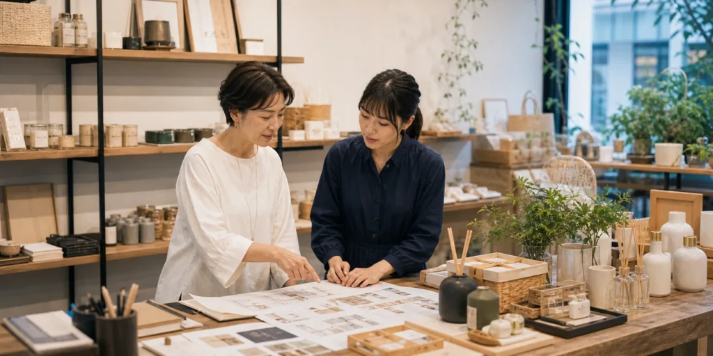 雑貨店で承継計画を確認する様子