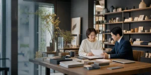 雑貨店で譲渡相談をする経営者とアドバイザー