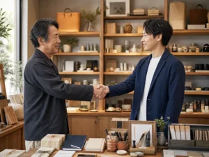 雑貨店の事業承継で握手する経営者と後継者