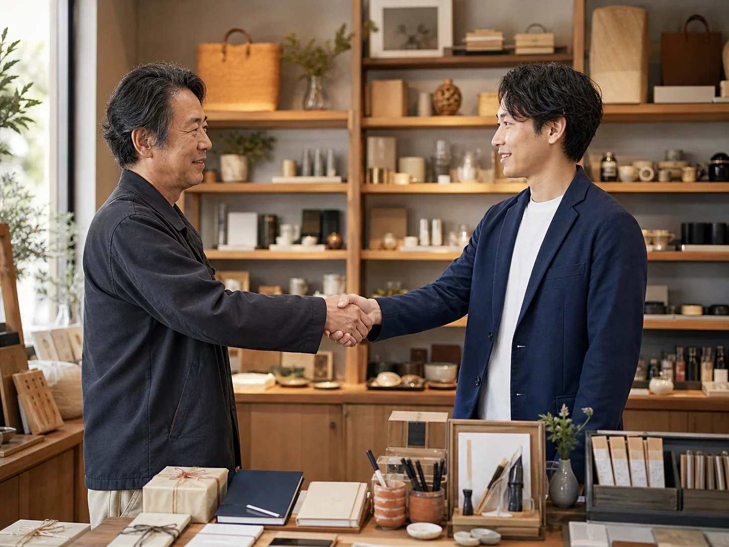 雑貨店の事業承継で握手する経営者と後継者