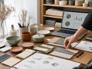 雑貨商品の在庫と財務資料を整理する様子