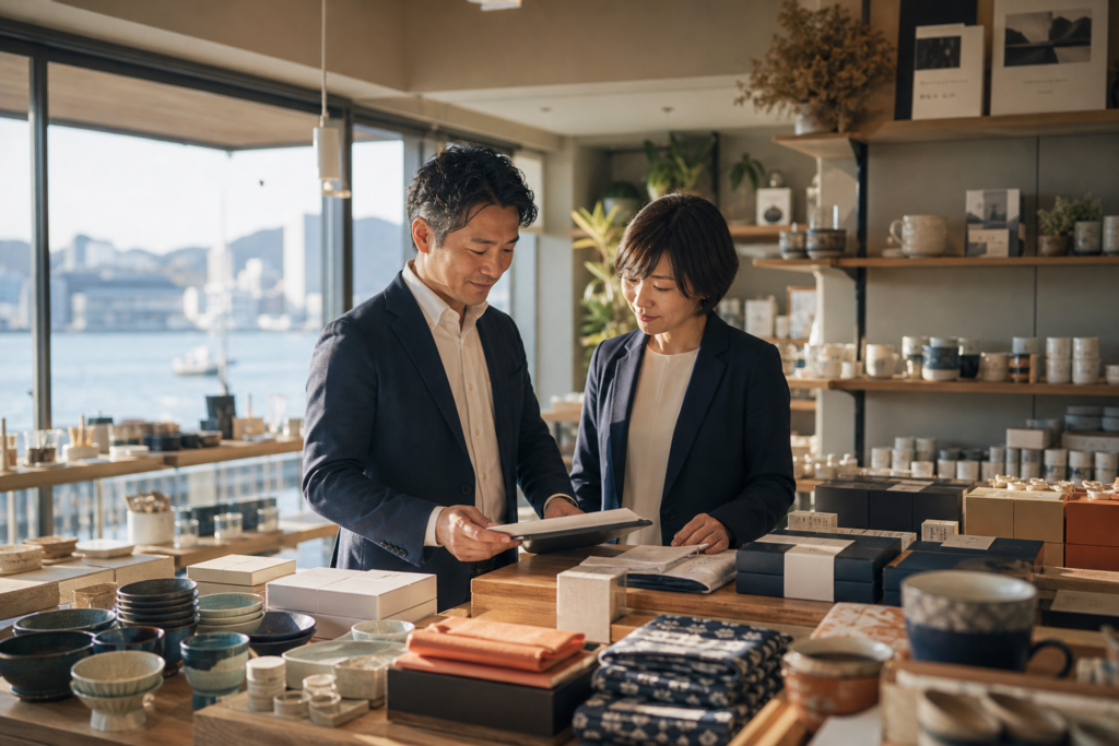 神戸の雑貨店で商品在庫と承継資料を確認する経営者
