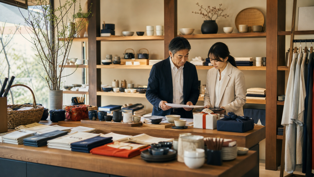 京都の雑貨店で在庫資料を確認する事業承継担当者