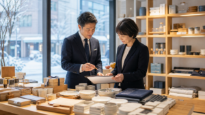 札幌の雑貨店で在庫と事業承継資料を確認する経営者