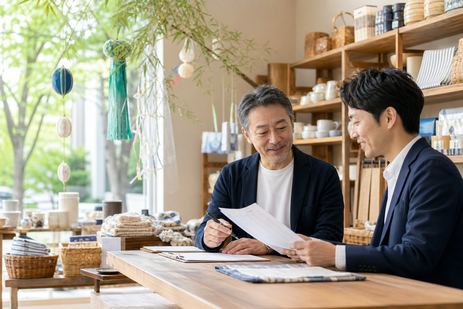 仙台の雑貨店で在庫資料を確認しながら事業承継を話し合う経営者