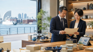 横浜の雑貨店で在庫と事業承継資料を確認する経営者