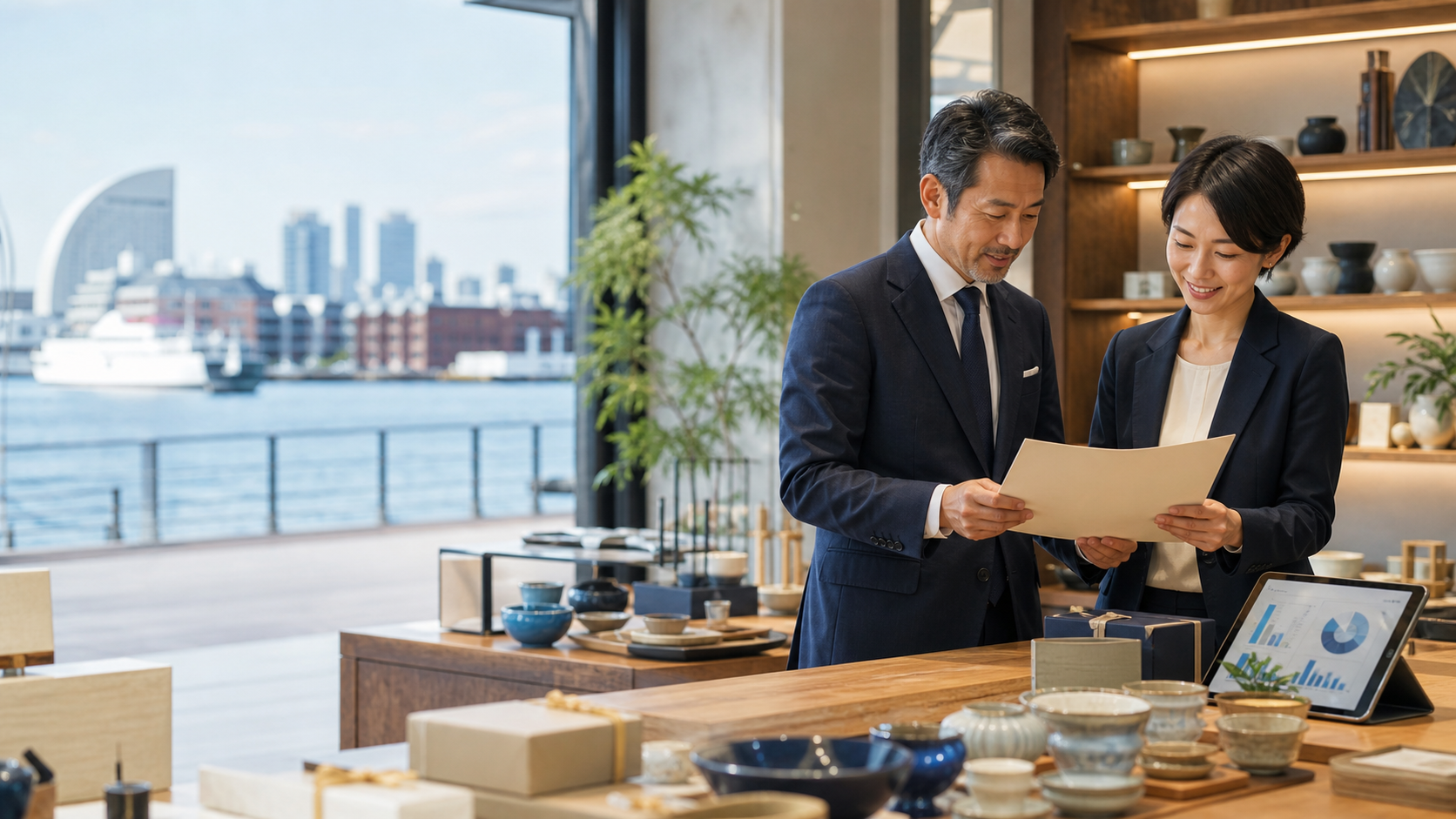 横浜の雑貨店で在庫と事業承継資料を確認する経営者